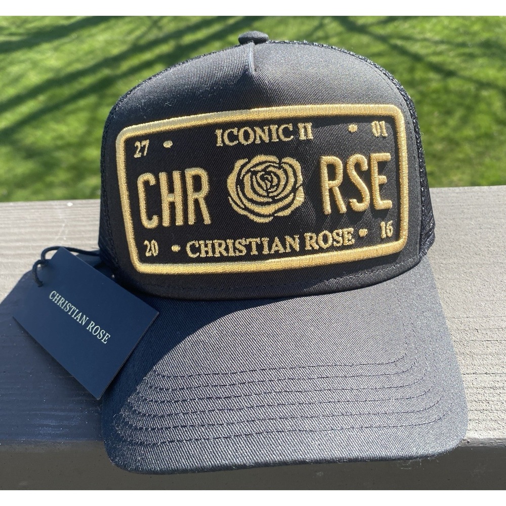 Christian Rose Iconic II London Red Rose Plate Patch Trucker Hat Black/Gold  NWT